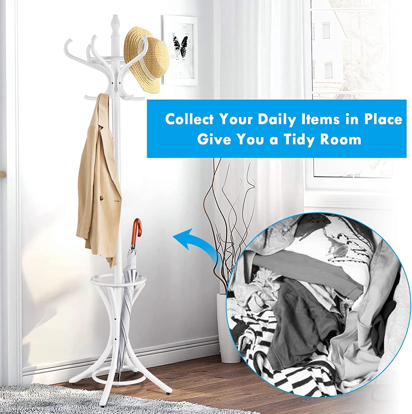 Floor Standing Hat Coat Wood Hanger w/ Umbrella Rack Prestige-White