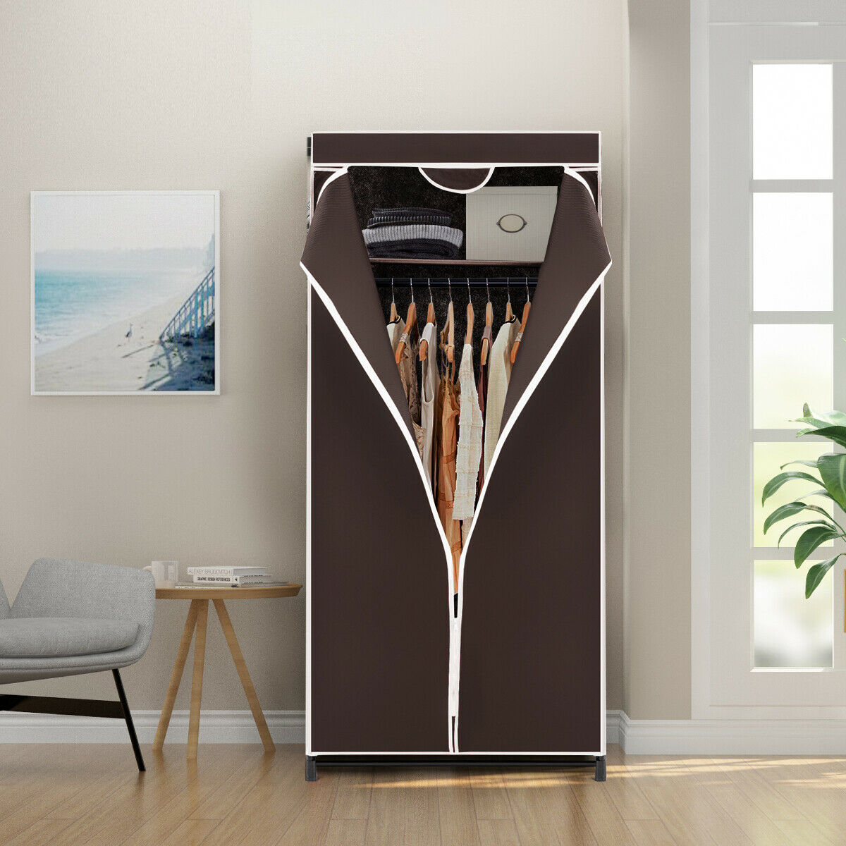 Single Canvas Wardrobe with Dust-proof Cover-Coffee
