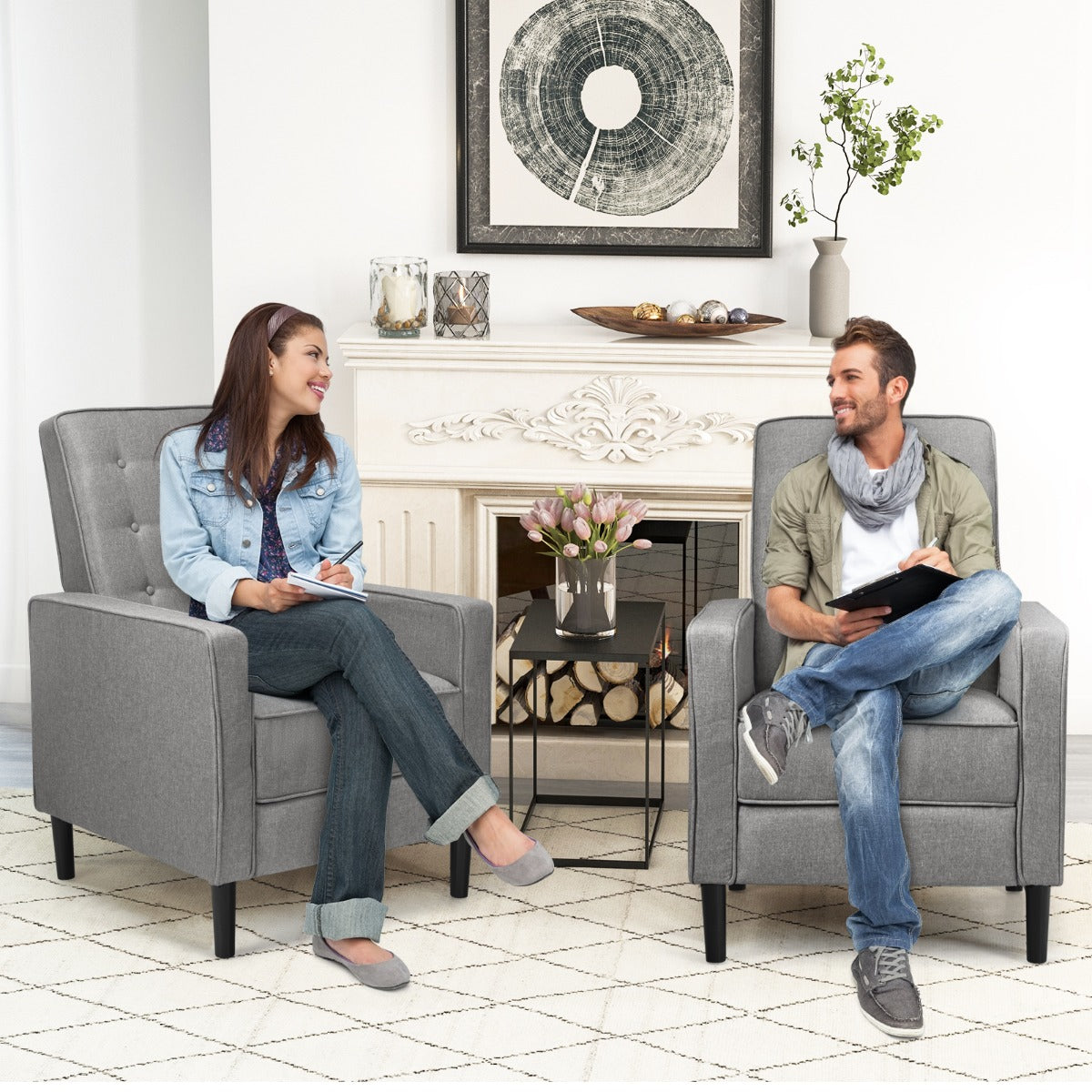 3-Position Adjustable Sofa Chair Leisure Seat with Extendable Footrest-Grey