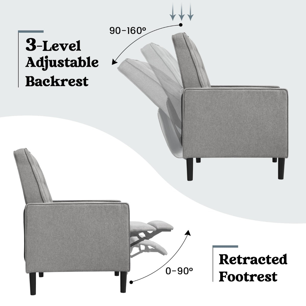 3-Position Adjustable Sofa Chair Leisure Seat with Extendable Footrest-Grey