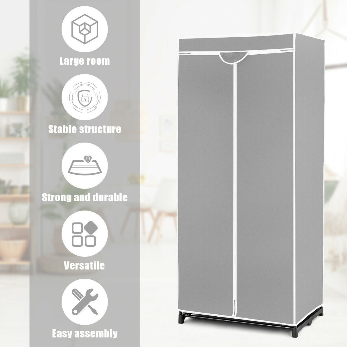 Double Canvas Wardrobe with Dust-proof Cover-Grey