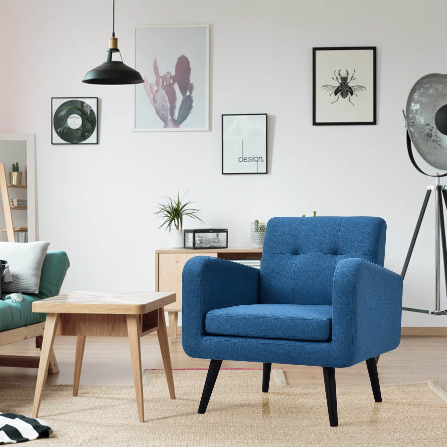 Mid-Century Modern Upholstered Accent Chair with Rubber Wood Legs-Blue