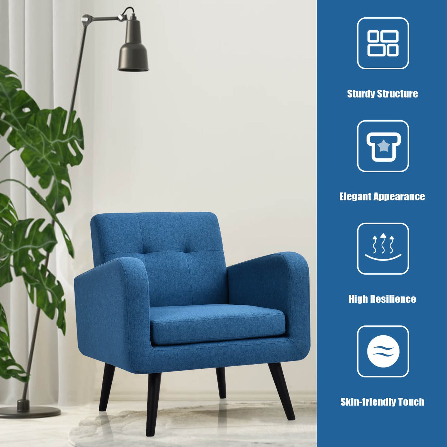 Mid-Century Modern Upholstered Accent Chair with Rubber Wood Legs-Blue