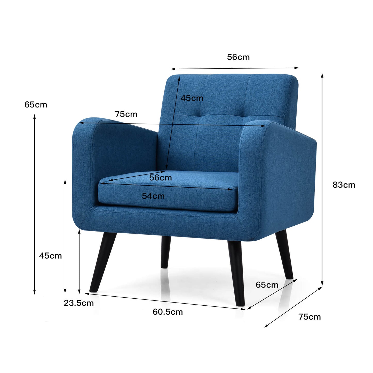 Mid-Century Modern Upholstered Accent Chair with Rubber Wood Legs-Blue