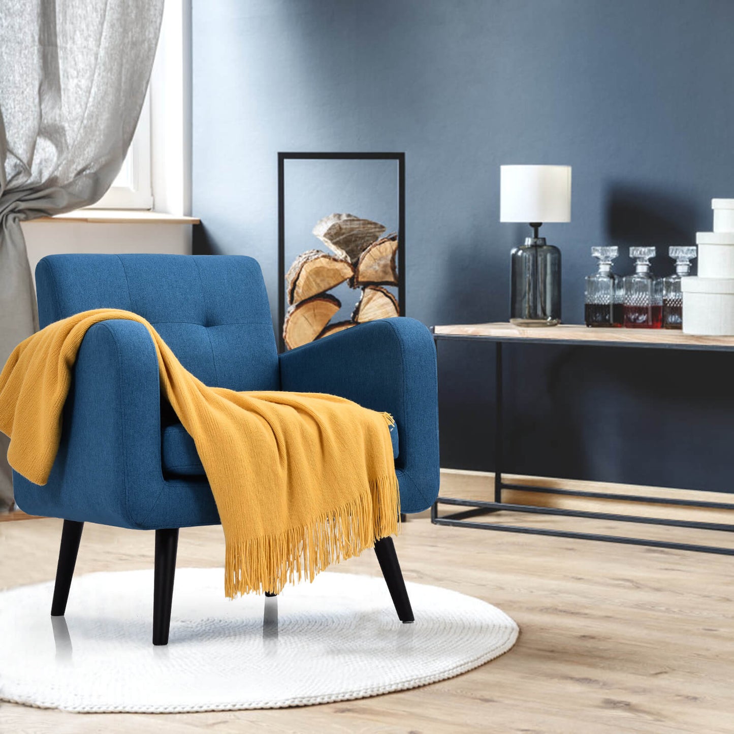 Mid-Century Modern Upholstered Accent Chair with Rubber Wood Legs-Blue