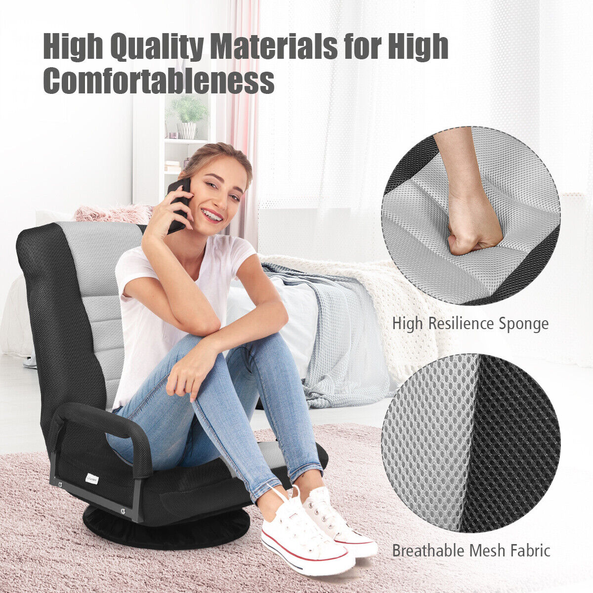 Foldable 360-Degree Swivel Gaming Floor Chair with Adjustable Backrest-Grey