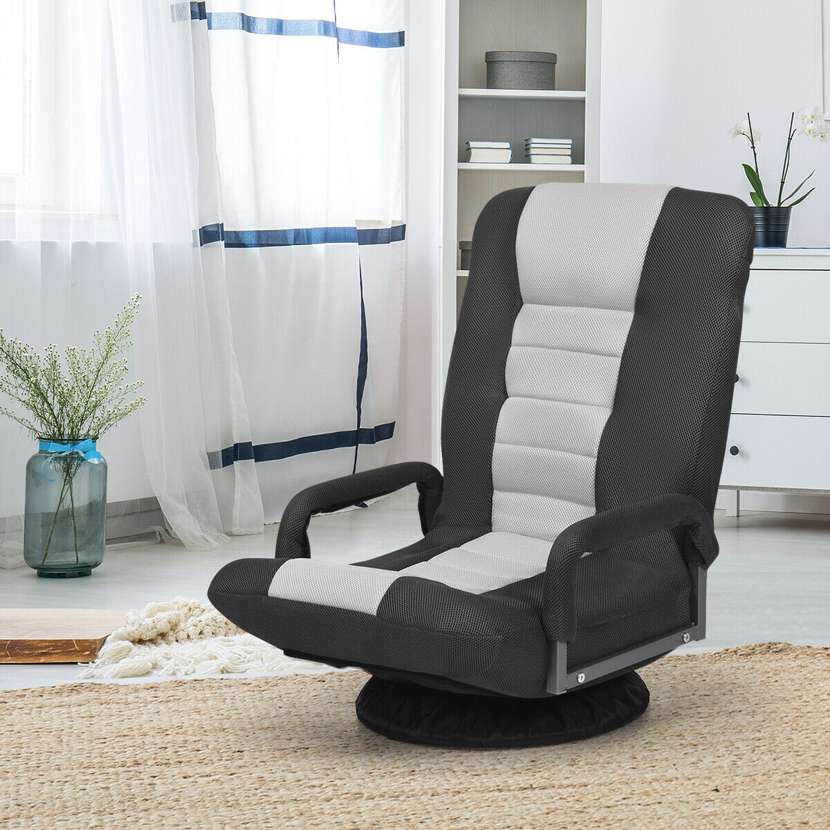 Foldable 360-Degree Swivel Gaming Floor Chair with Adjustable Backrest-Grey