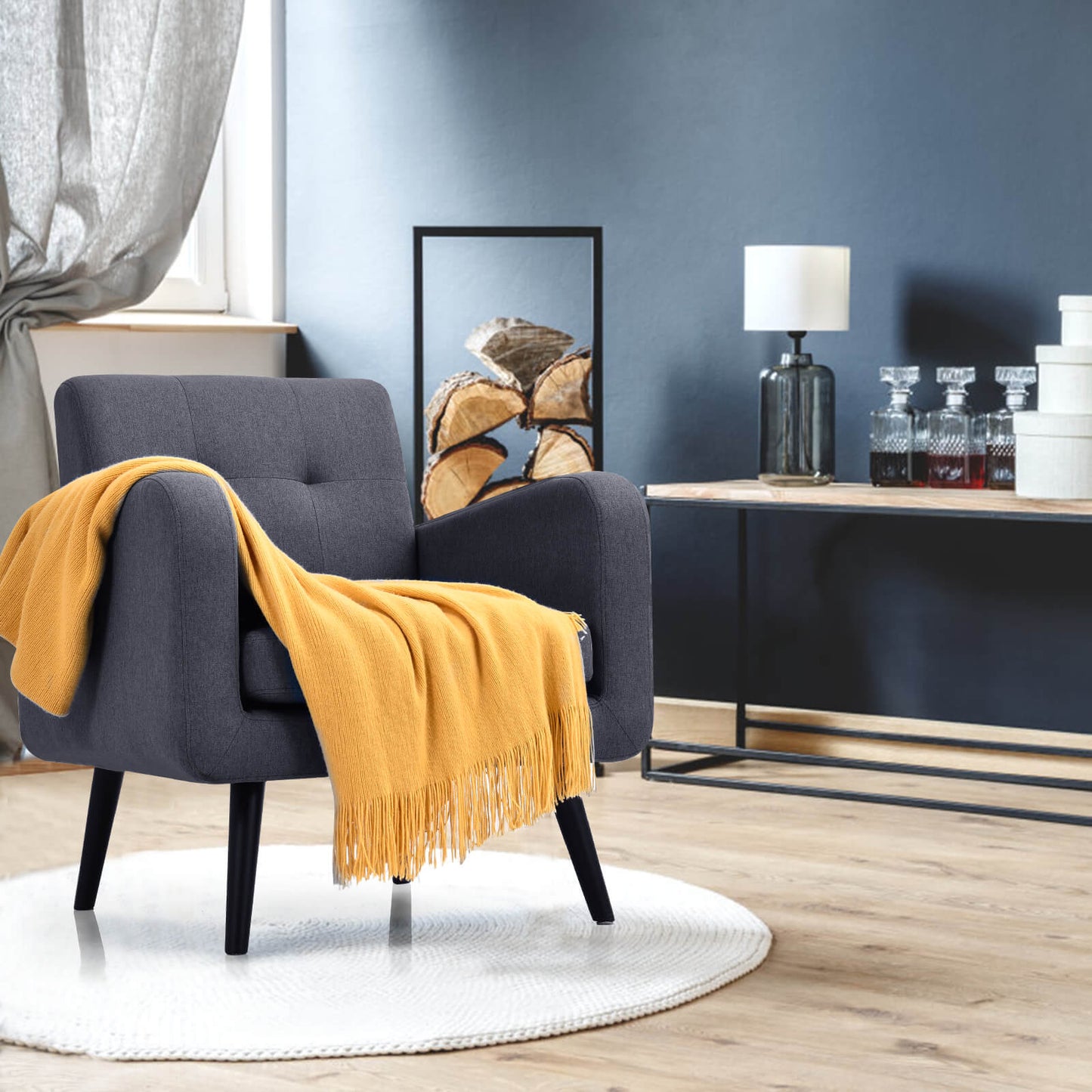 Mid-Century Modern Upholstered Accent Chair with Rubber Wood Legs-Grey