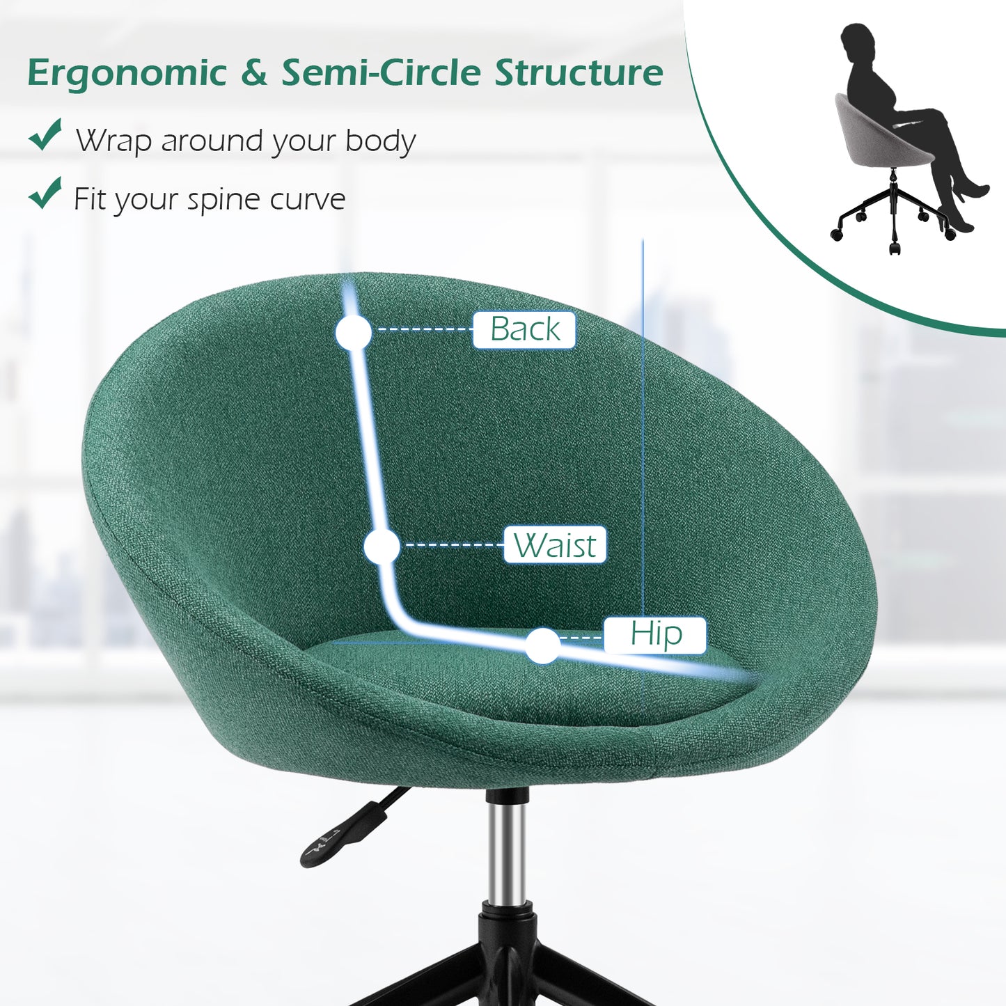 Modern Height Adjustable Swivel Accent Chair with Flexible Casters for Study Room and Make-up Room-Green