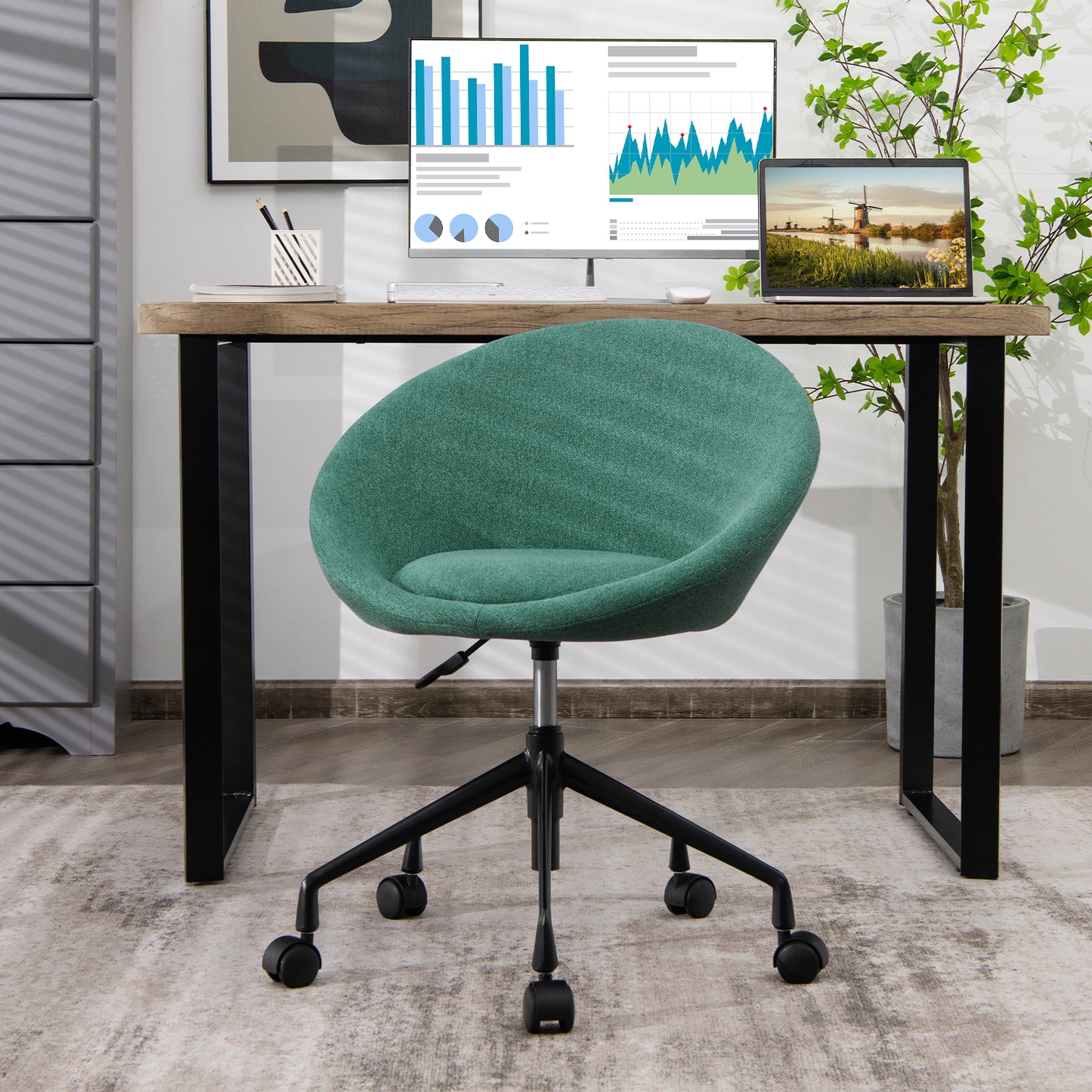 Modern Height Adjustable Swivel Accent Chair with Flexible Casters for Study Room and Make-up Room-Green