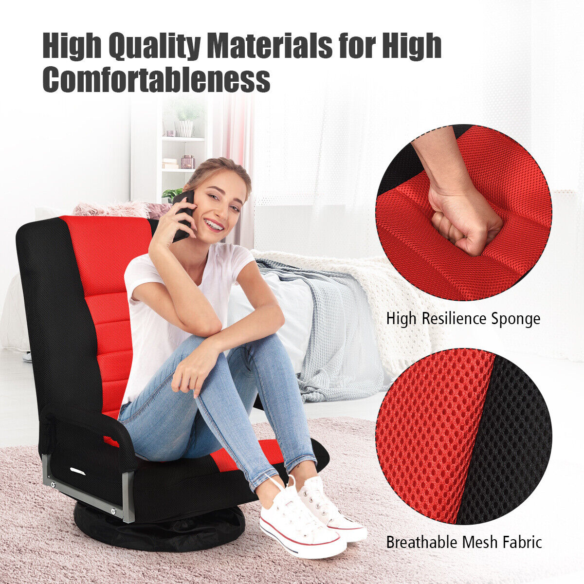 Foldable 360-Degree Swivel Gaming Floor Chair with Adjustable Backrest-Red