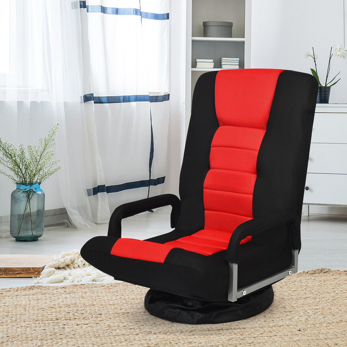 Foldable 360-Degree Swivel Gaming Floor Chair with Adjustable Backrest-Red