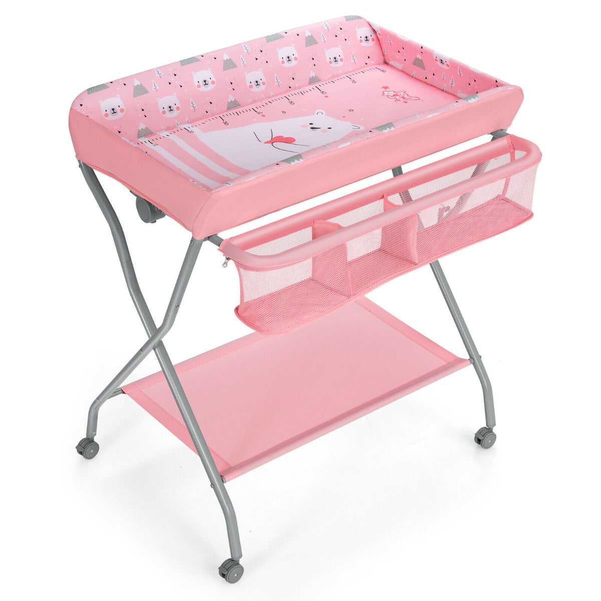 Rolling Baby Changing Table with Large Storage Basket-Pink