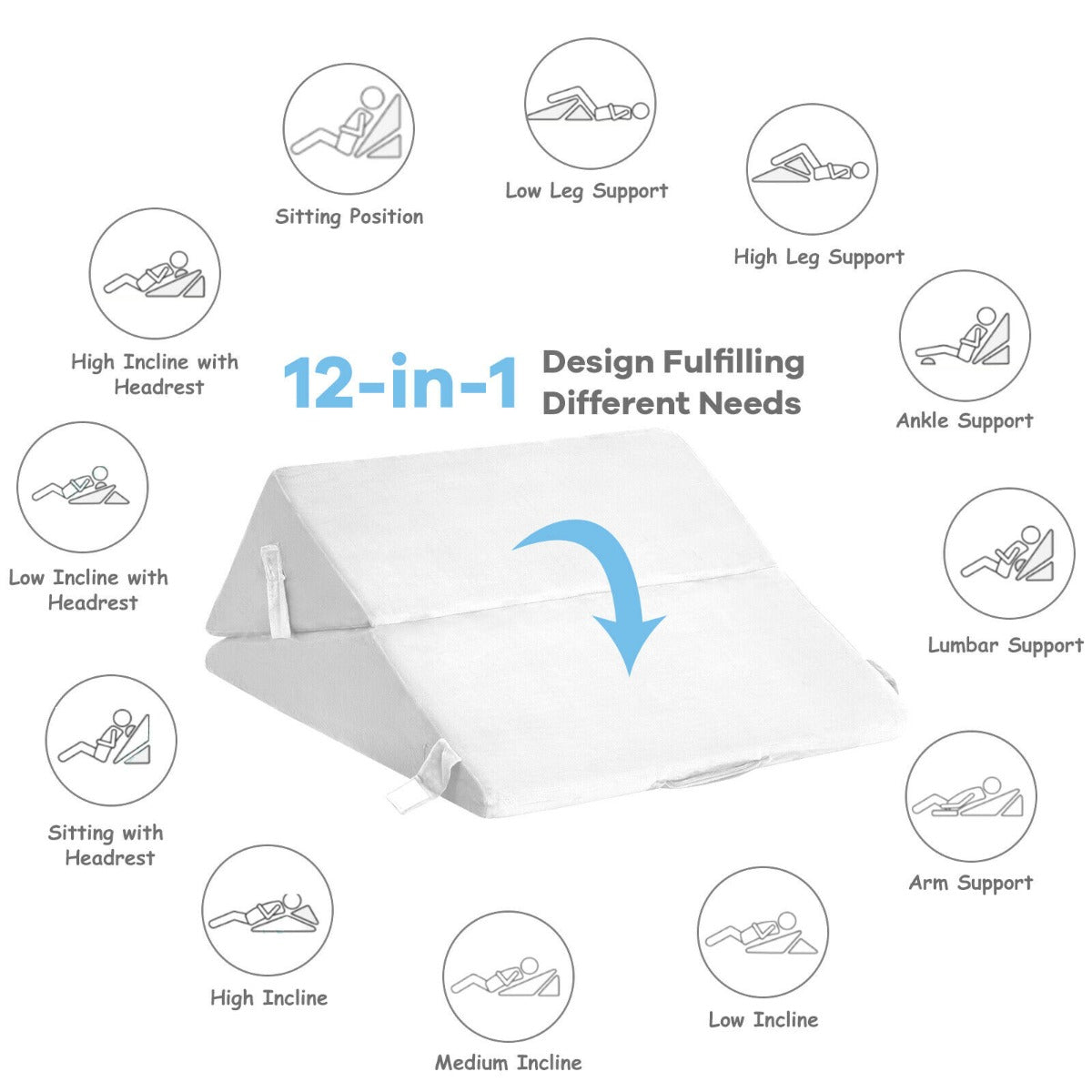 Bed Wedge Pillow with Headrest and Washable Cover for Reading-White