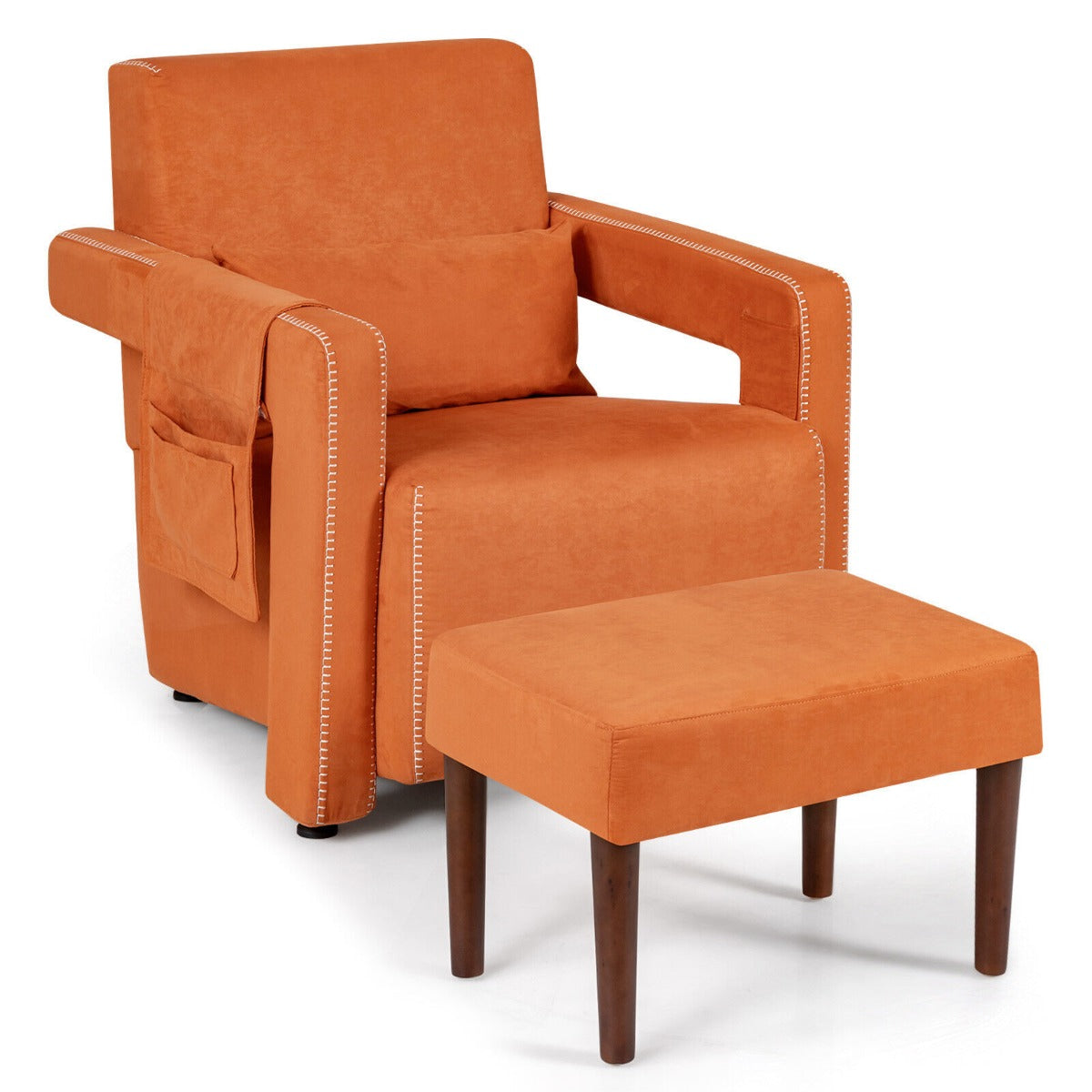 Upholstered Padded Accent Chair with Footstool and Lumbar Pillow-Orange
