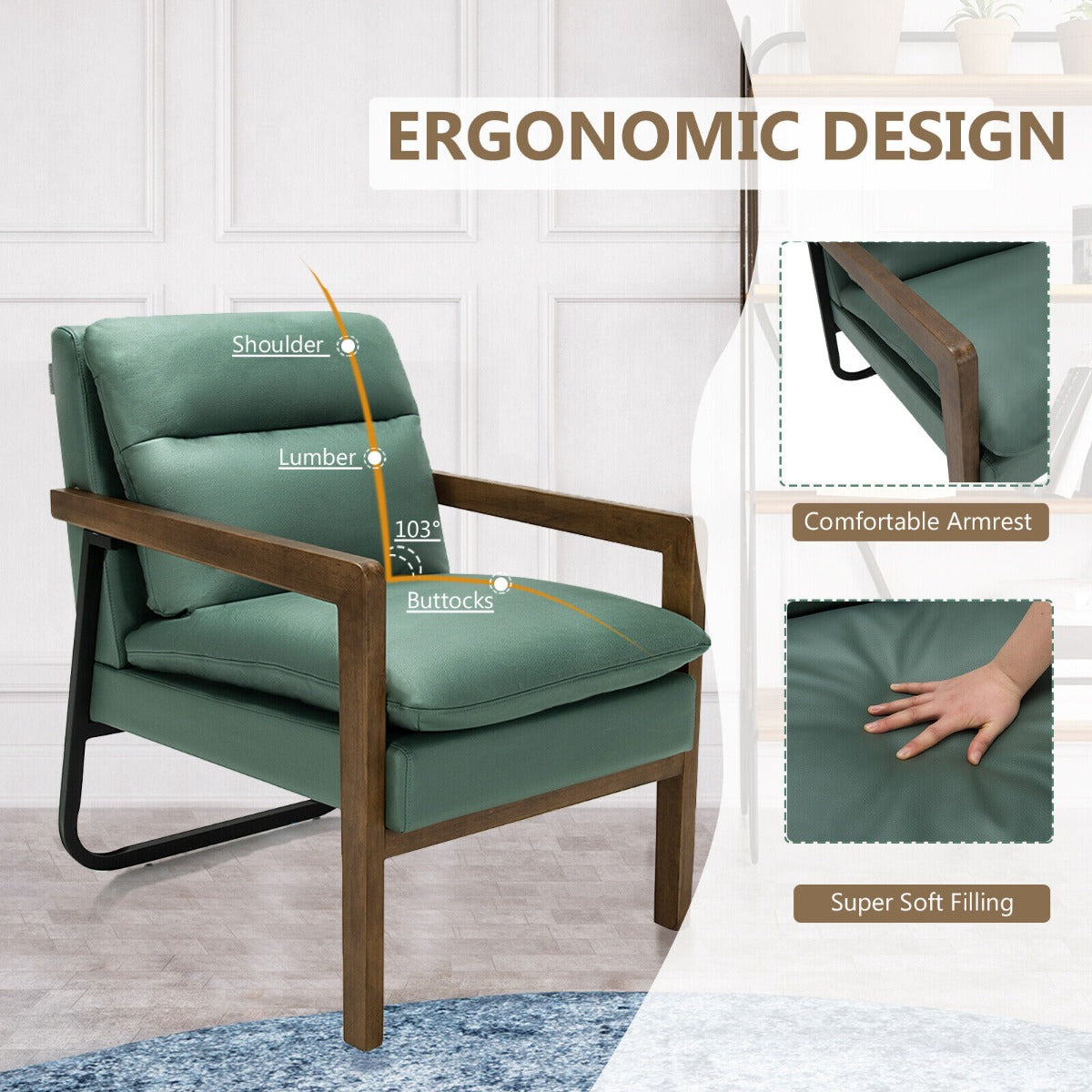 Accent Upholstered Armchair with Padded Backrest and Seat Cushion-Green