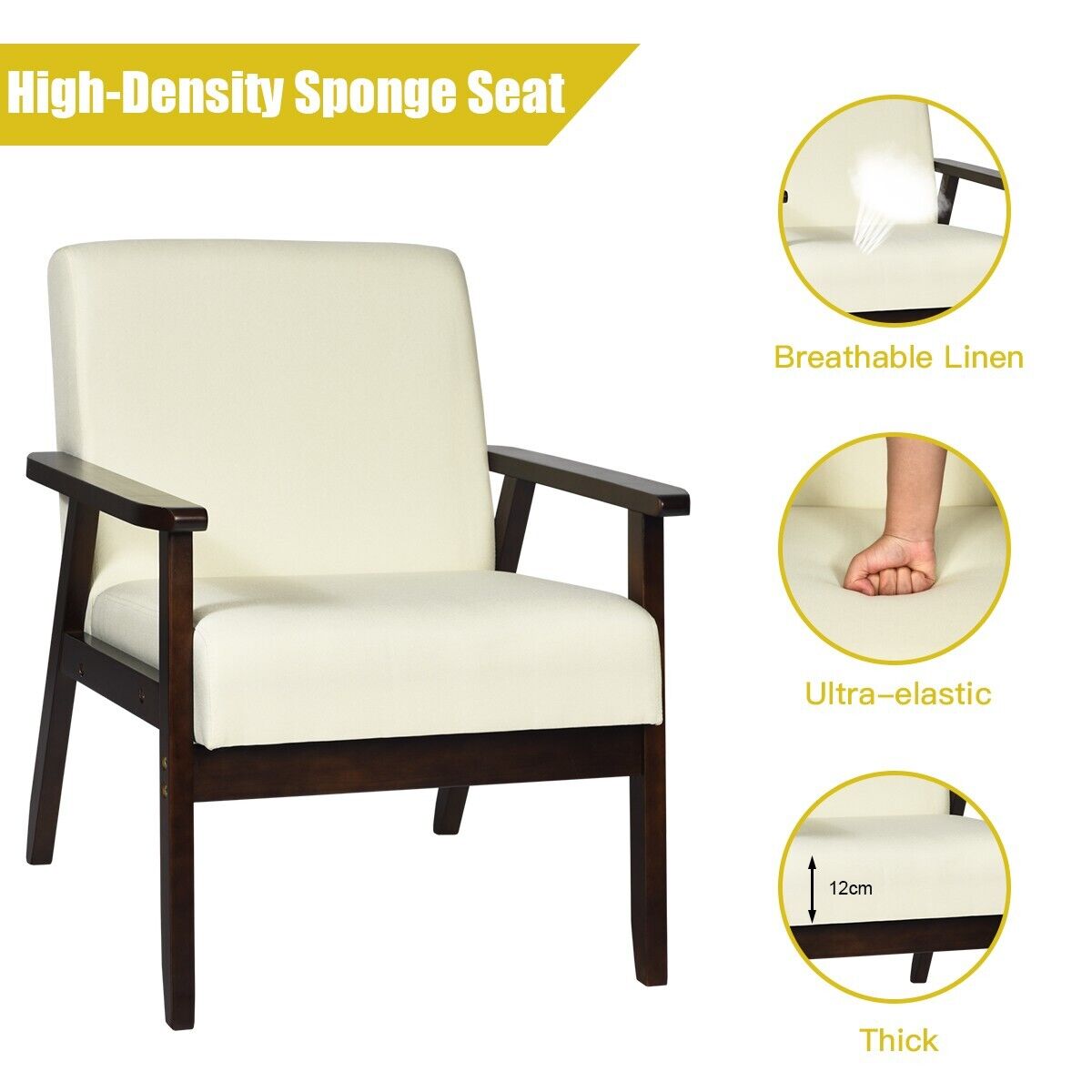 Modern Upholstered Linen Fabric Accent Sofa Chair with Wooden Armrest-Beige