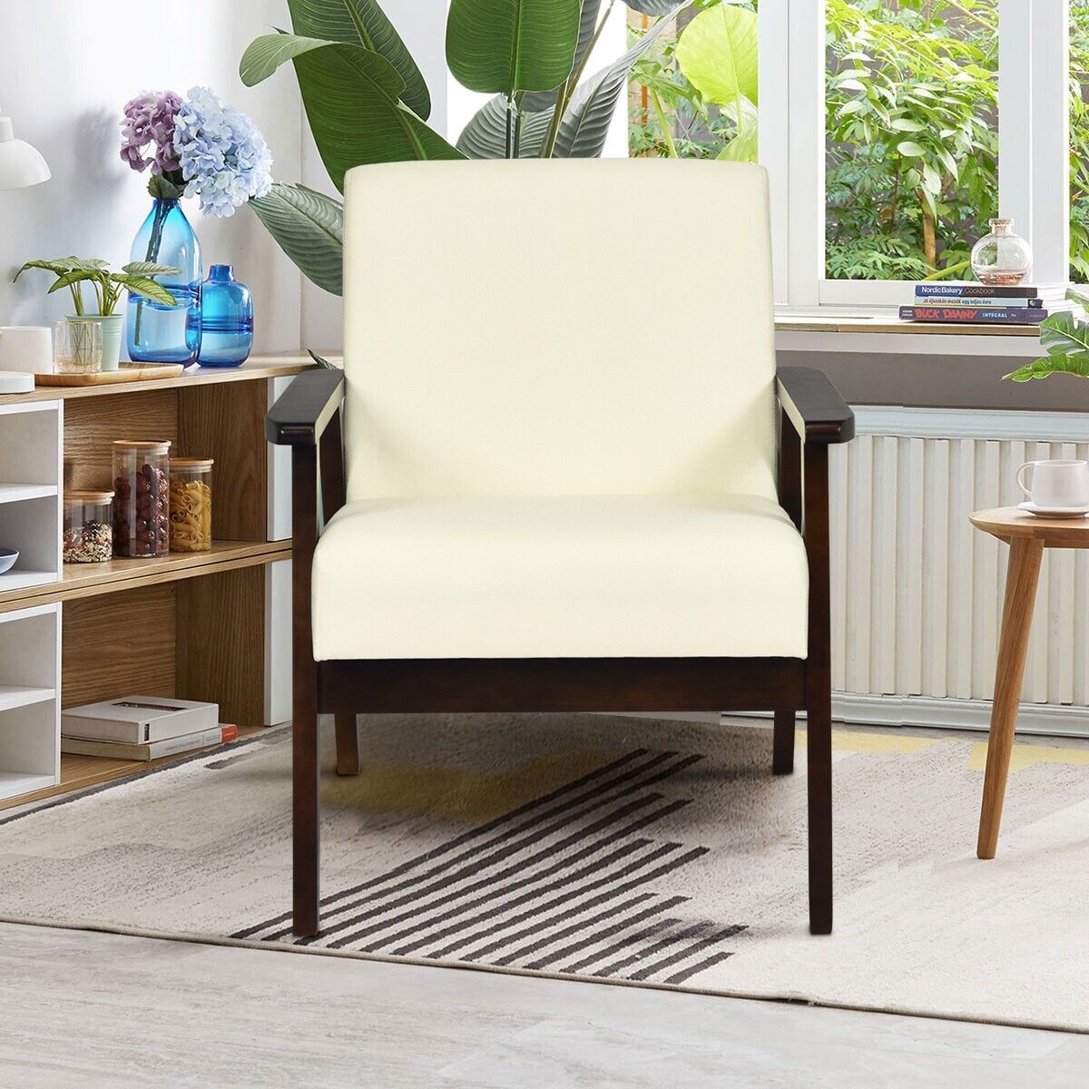 Modern Upholstered Linen Fabric Accent Sofa Chair with Wooden Armrest-Beige