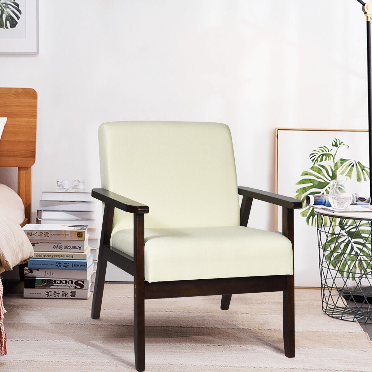Modern Upholstered Linen Fabric Accent Sofa Chair with Wooden Armrest-Beige