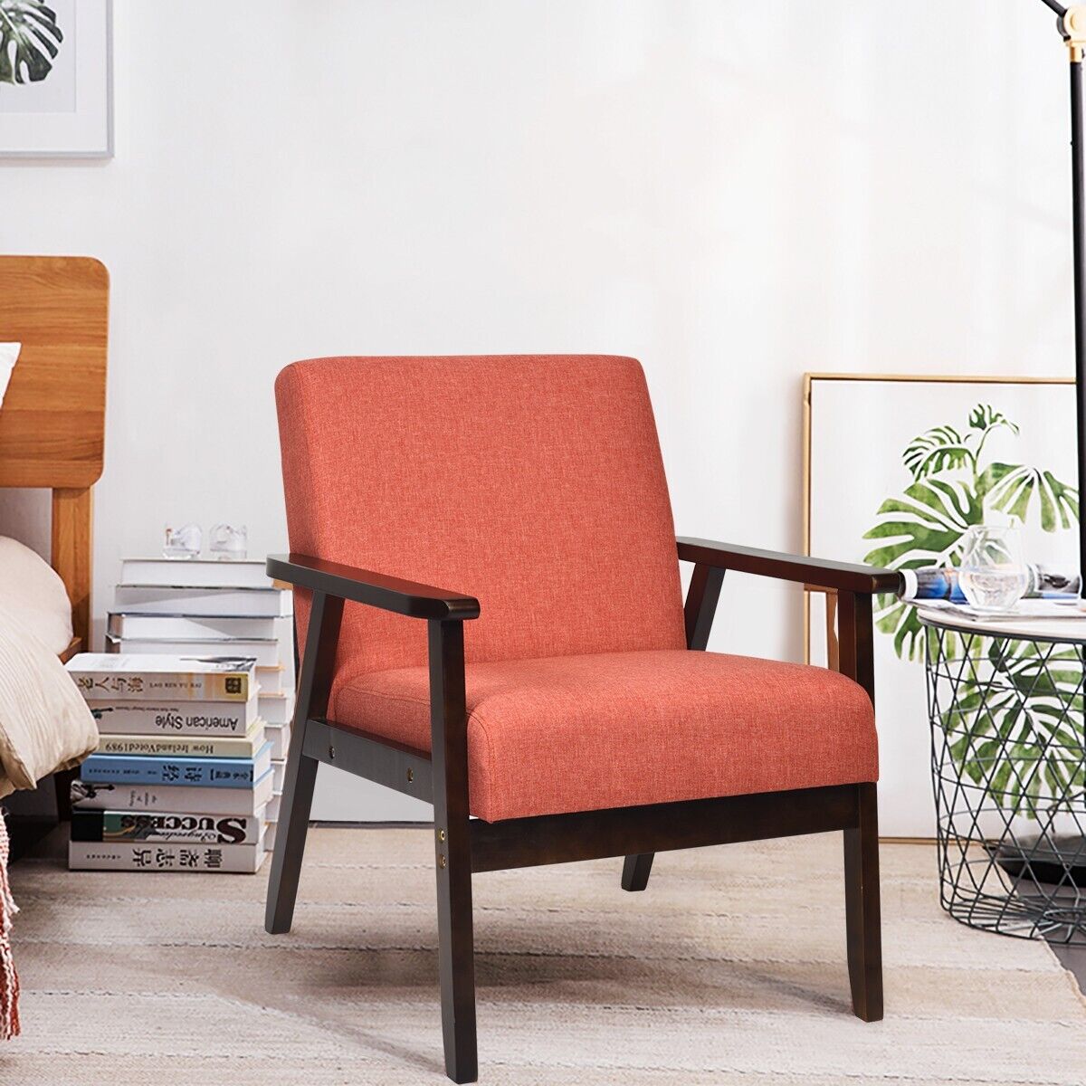 Modern Upholstered Linen Fabric Accent Sofa Chair with Wooden Armrest-Orange
