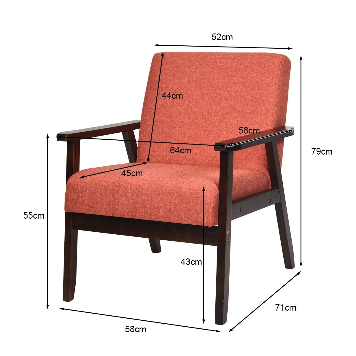 Modern Upholstered Linen Fabric Accent Sofa Chair with Wooden Armrest-Orange