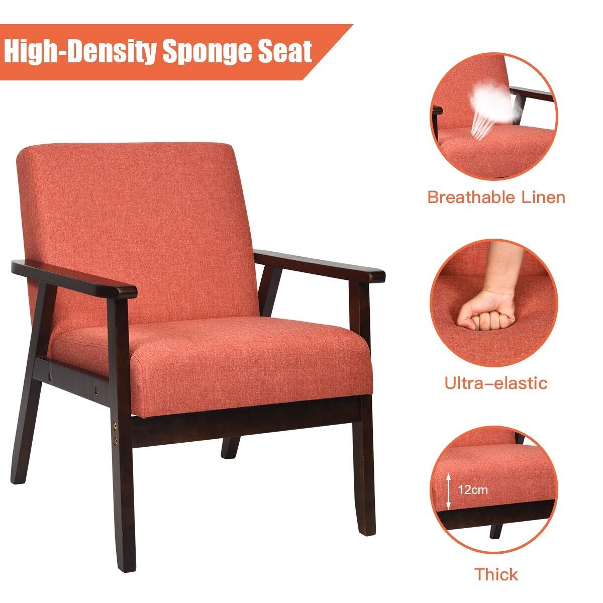 Modern Upholstered Linen Fabric Accent Sofa Chair with Wooden Armrest-Orange