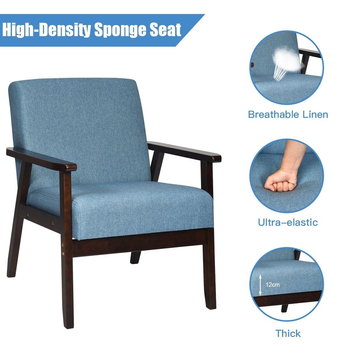 Modern Upholstered Linen Fabric Accent Sofa Chair with Wooden Armrest-Blue