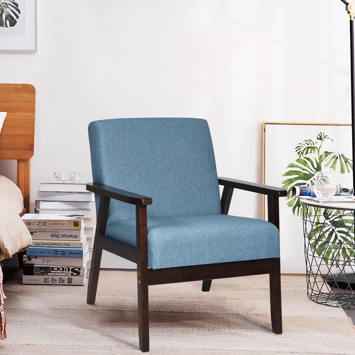 Modern Upholstered Linen Fabric Accent Sofa Chair with Wooden Armrest-Blue