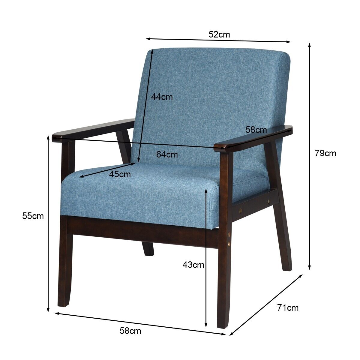 Modern Upholstered Linen Fabric Accent Sofa Chair with Wooden Armrest-Blue