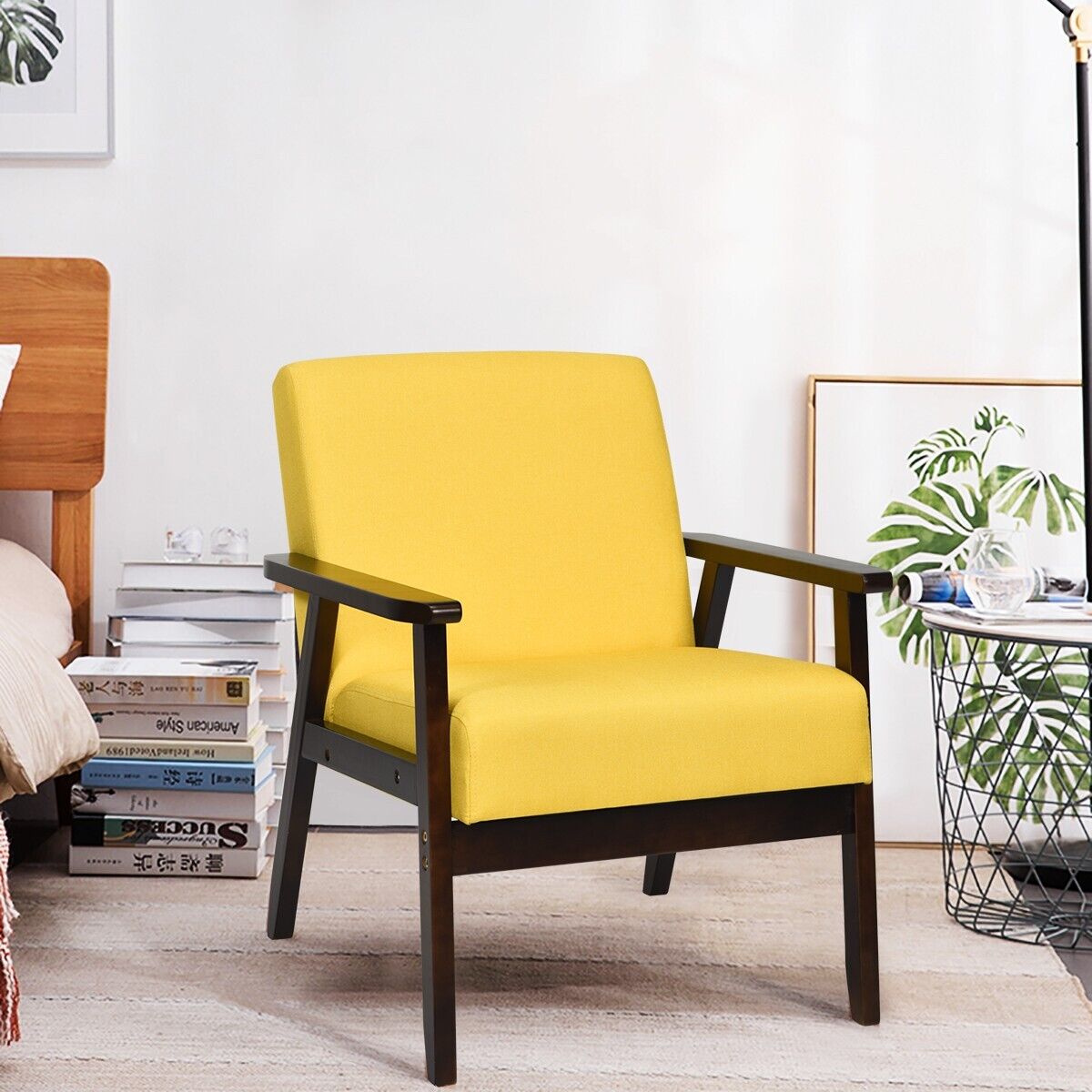 Modern Upholstered Linen Fabric Accent Sofa Chair with Wooden Armrest-Yellow