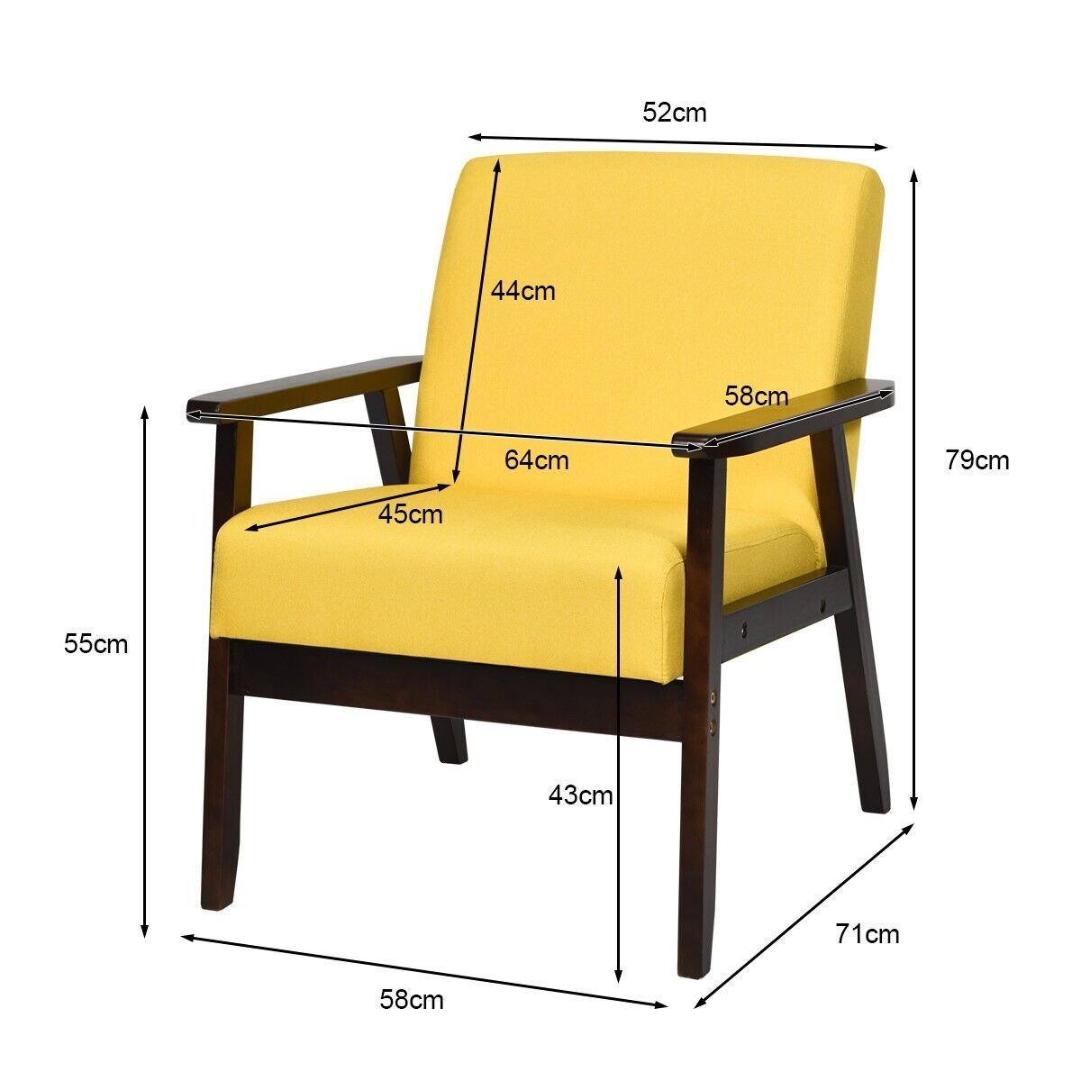 Modern Upholstered Linen Fabric Accent Sofa Chair with Wooden Armrest-Yellow