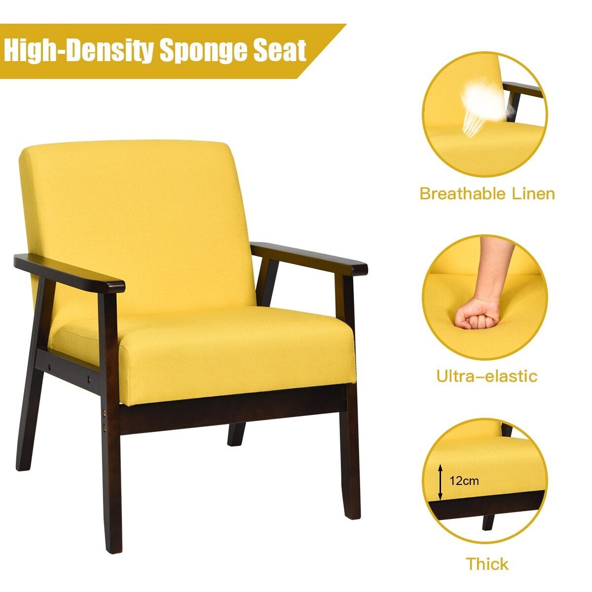 Modern Upholstered Linen Fabric Accent Sofa Chair with Wooden Armrest-Yellow