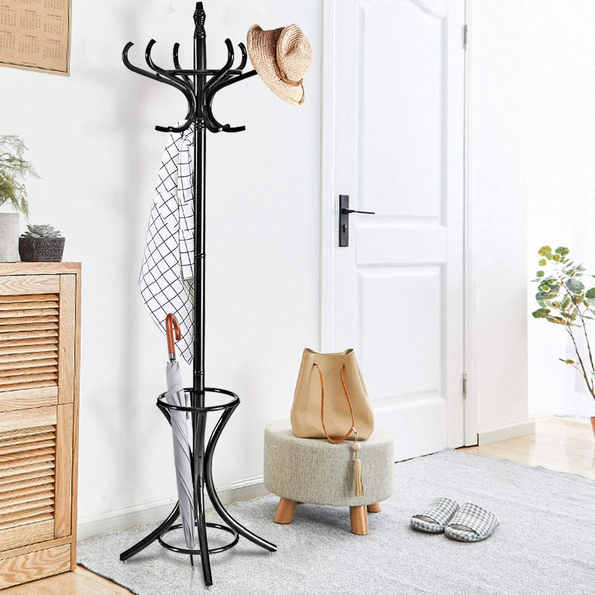 Floor Standing Hat Coat Wood Hanger w/ Umbrella Rack Prestige-Black