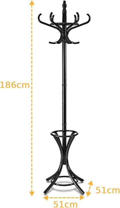 Floor Standing Hat Coat Wood Hanger w/ Umbrella Rack Prestige-Black