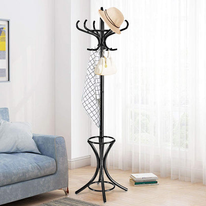 Floor Standing Hat Coat Wood Hanger w/ Umbrella Rack Prestige-Black