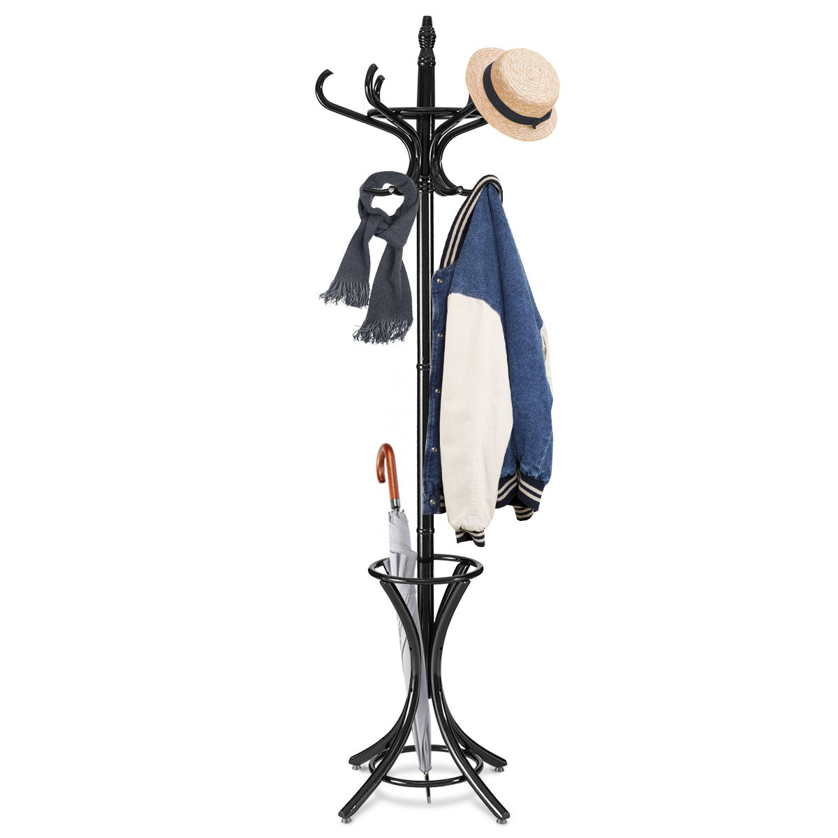 Floor Standing Hat Coat Wood Hanger w/ Umbrella Rack Prestige-Black