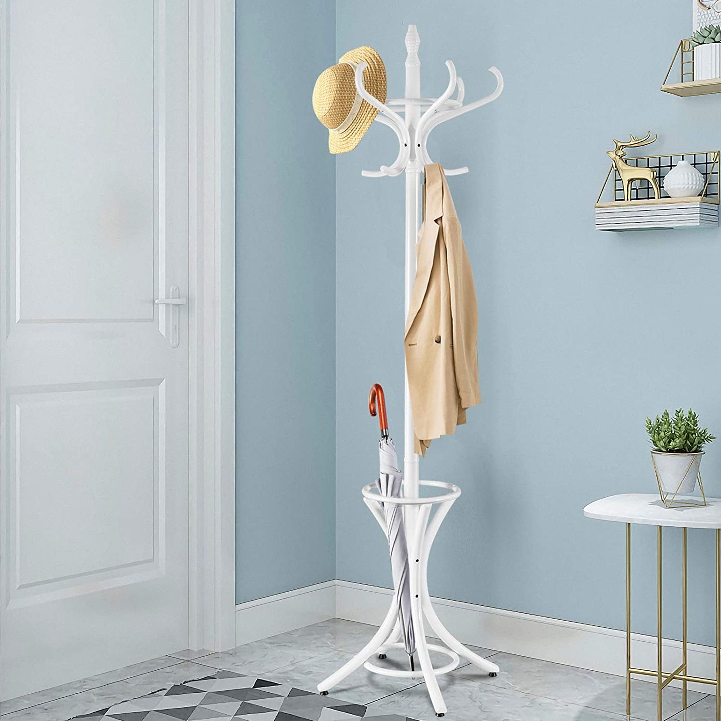 Floor Standing Hat Coat Wood Hanger w/ Umbrella Rack Prestige-White