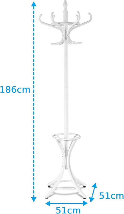 Floor Standing Hat Coat Wood Hanger w/ Umbrella Rack Prestige-White