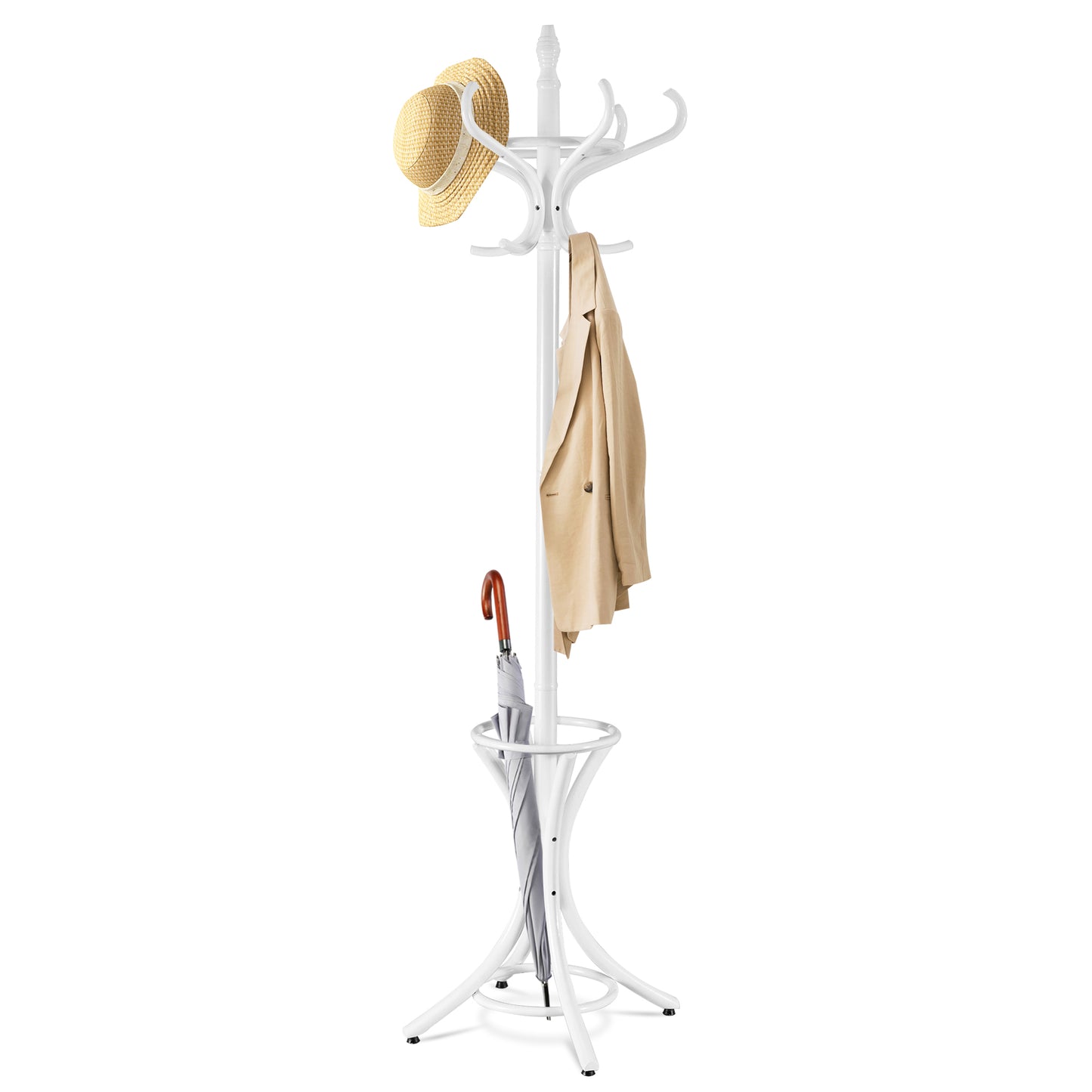 Floor Standing Hat Coat Wood Hanger w/ Umbrella Rack Prestige-White