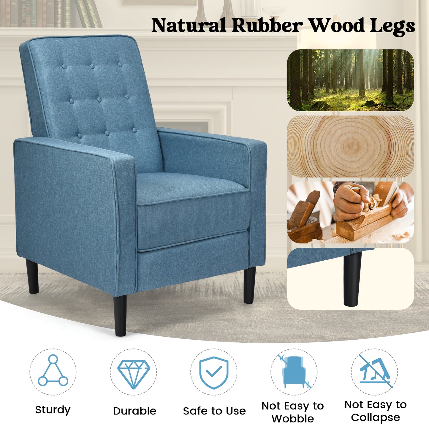3-Position Adjustable Sofa Chair Leisure Seat with Extendable Footrest-Blue