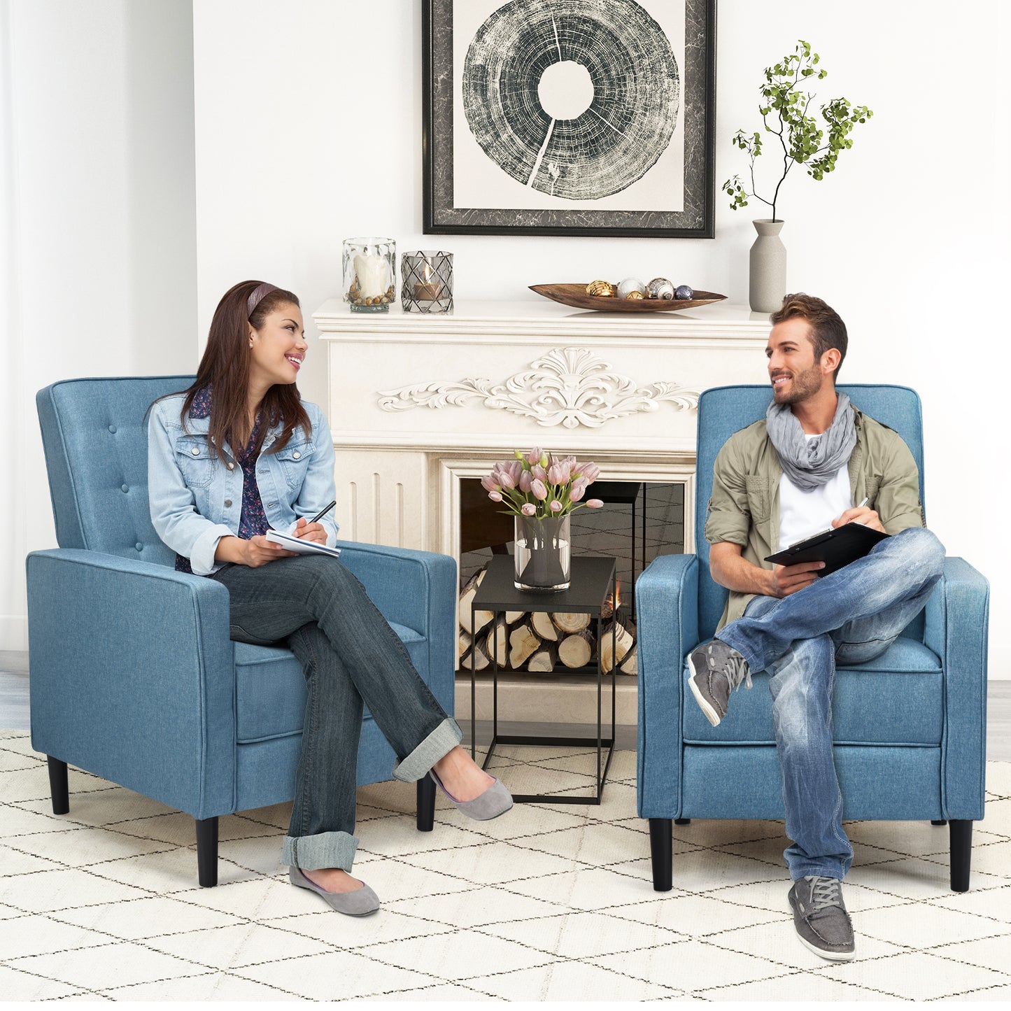 3-Position Adjustable Sofa Chair Leisure Seat with Extendable Footrest-Blue
