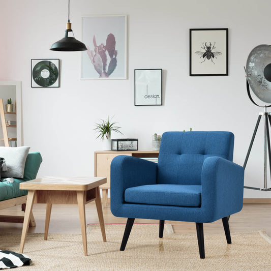 Mid-Century Modern Upholstered Accent Chair with Rubber Wood Legs-Blue