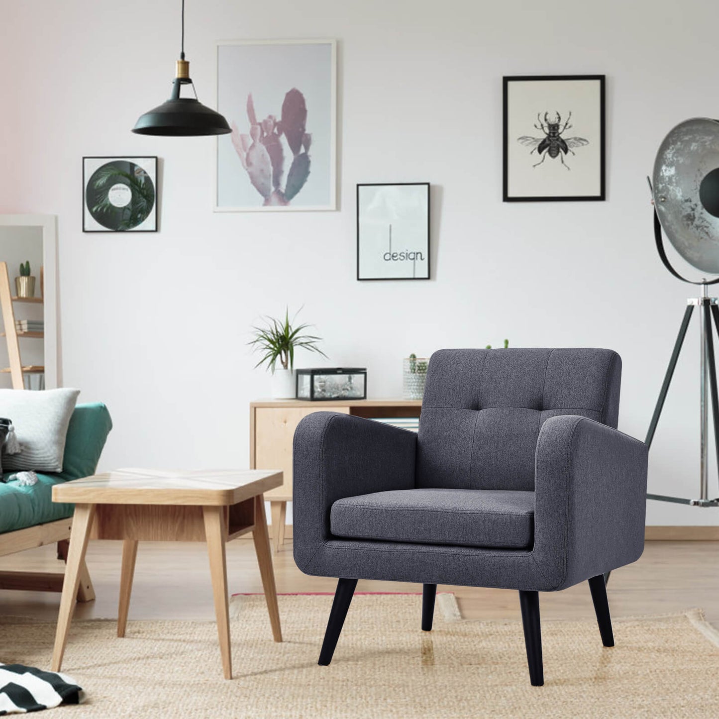 Mid-Century Modern Upholstered Accent Chair with Rubber Wood Legs-Grey