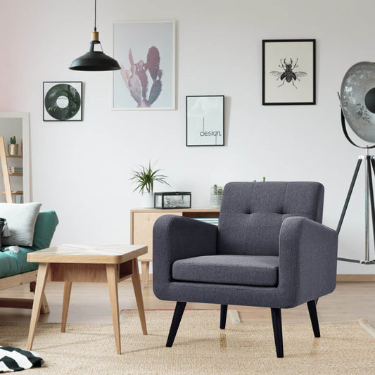 Mid-Century Modern Upholstered Accent Chair with Rubber Wood Legs-Grey