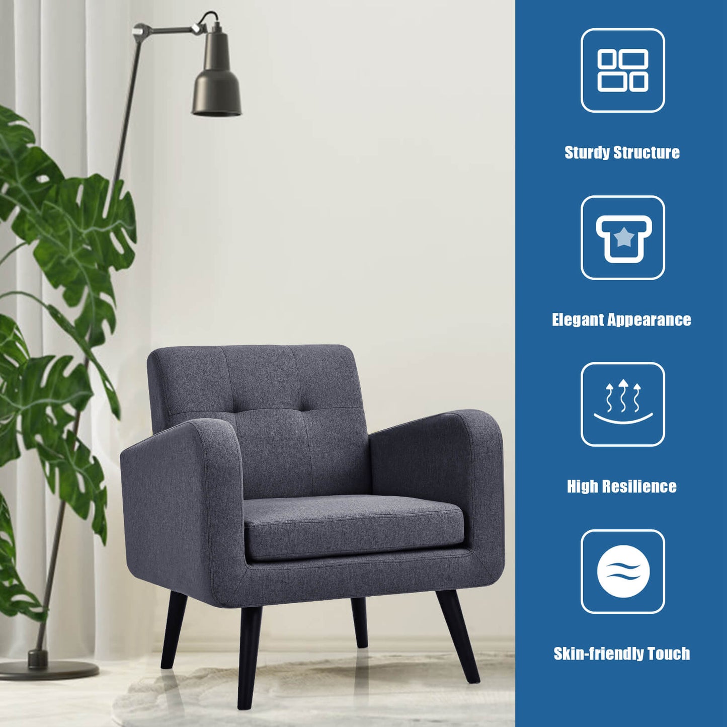 Mid-Century Modern Upholstered Accent Chair with Rubber Wood Legs-Grey