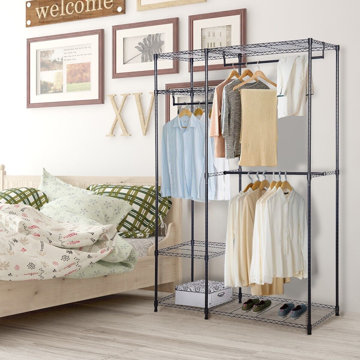 Metal Clothes Rack with 3 Hanging Rails and Shelves for Bedroom
