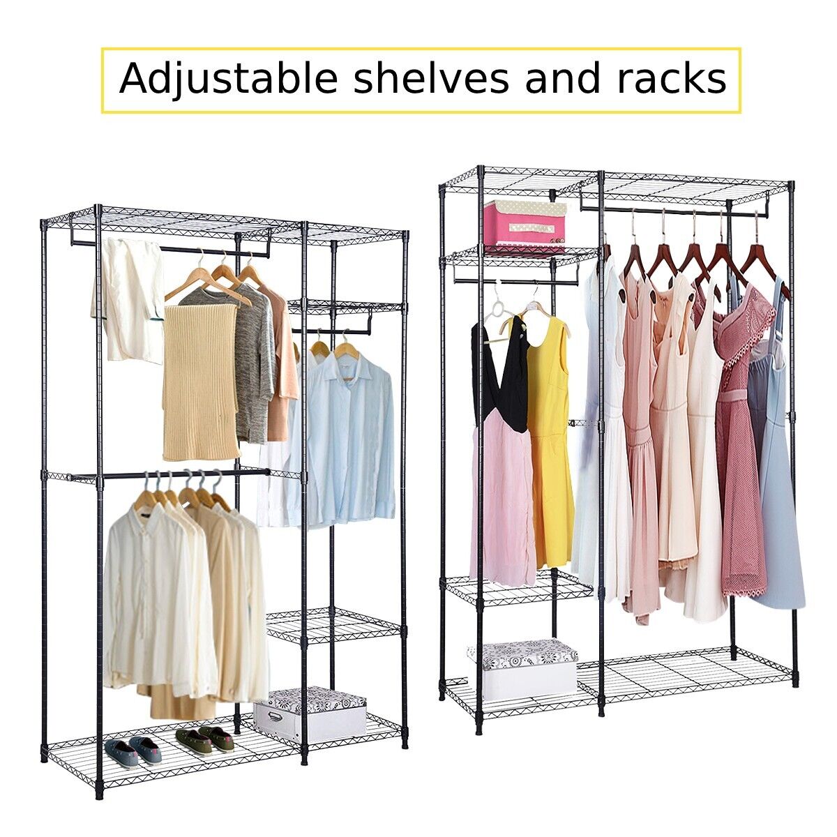 Metal Clothes Rack with 3 Hanging Rails and Shelves for Bedroom