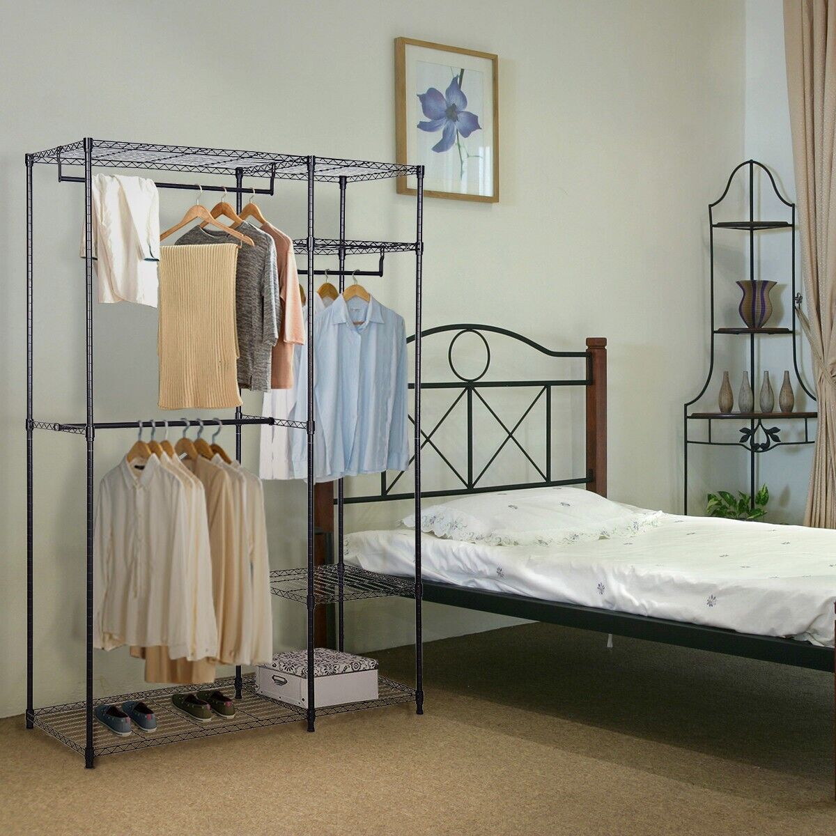 Metal Clothes Rack with 3 Hanging Rails and Shelves for Bedroom