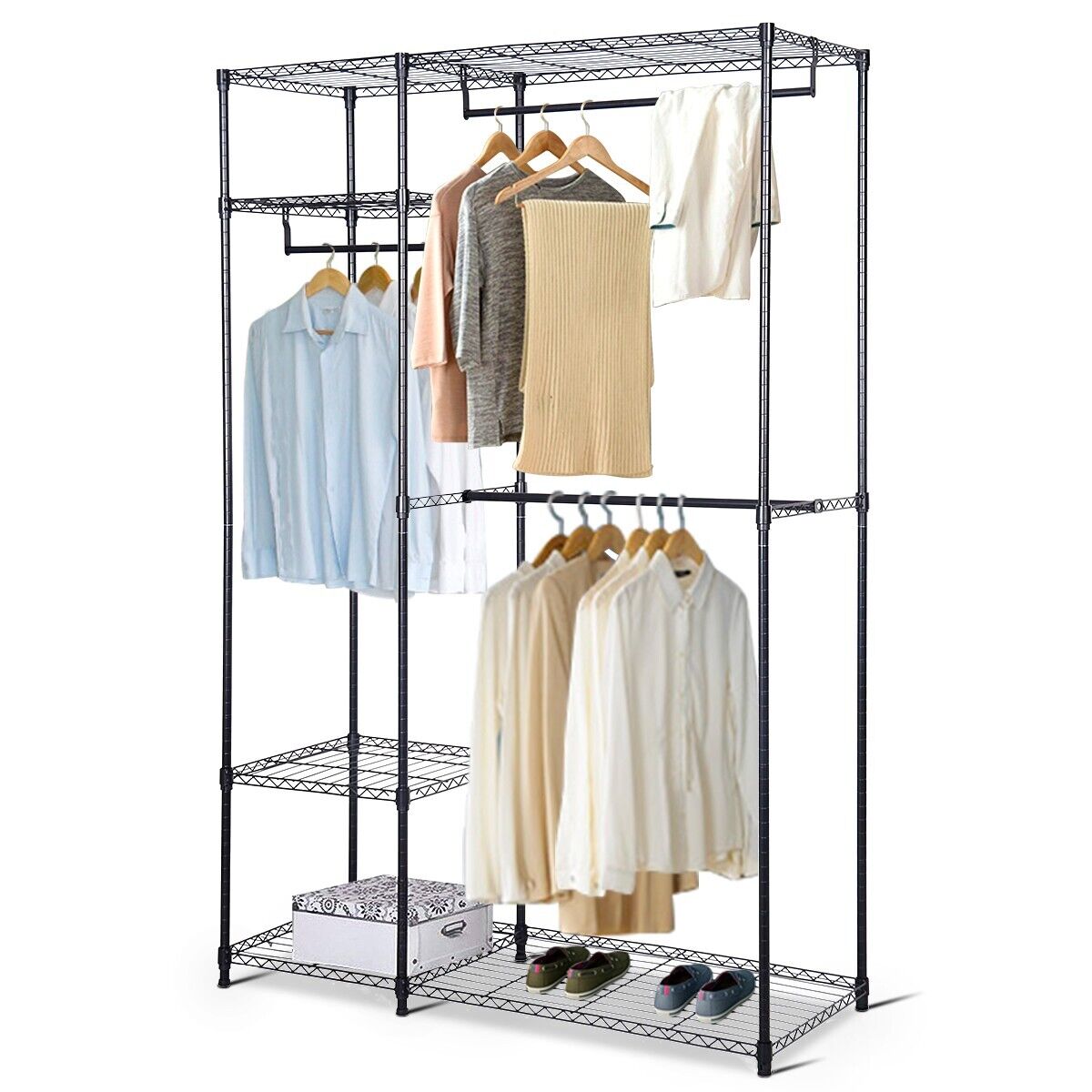 Metal Clothes Rack with 3 Hanging Rails and Shelves for Bedroom