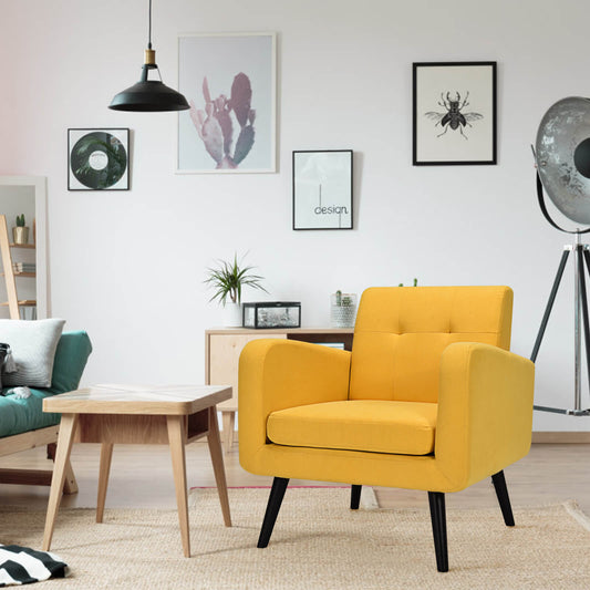 Mid-Century Modern Upholstered Accent Chair with Rubber Wood Legs-Yellow